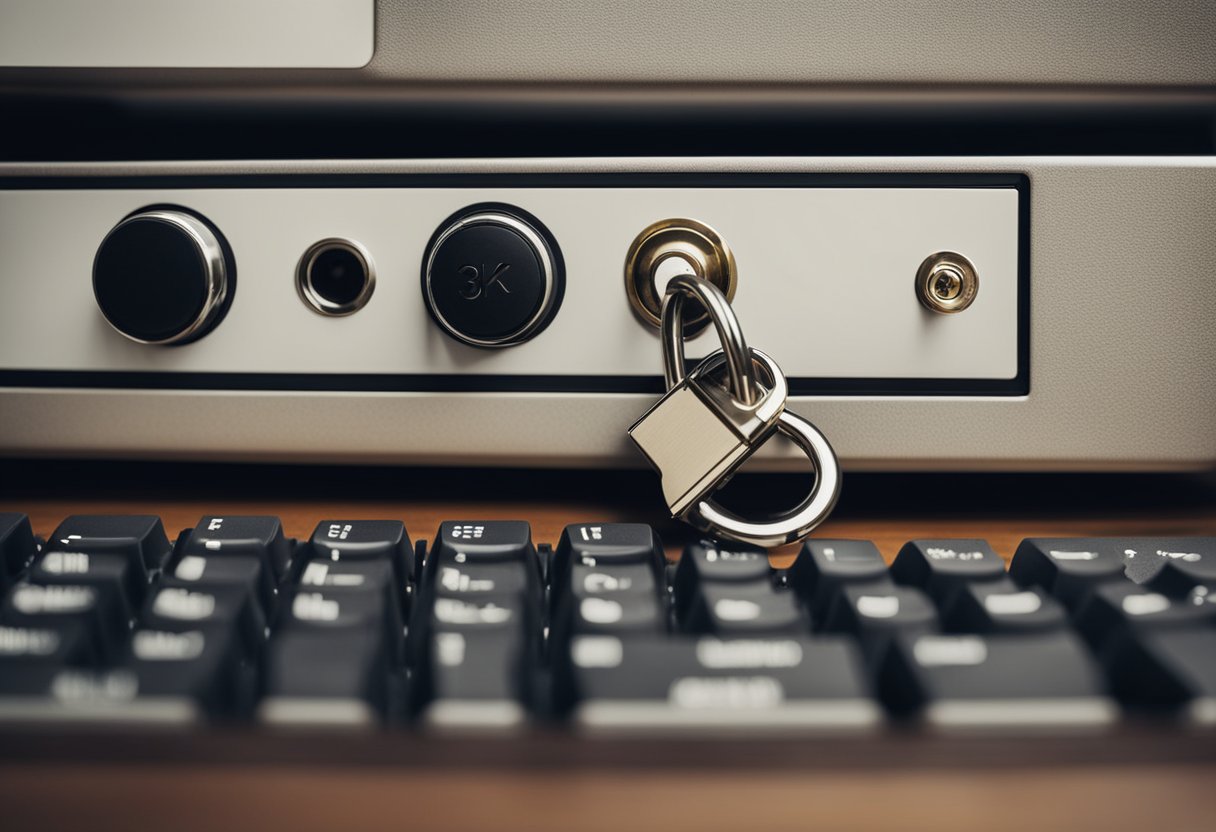 Una computadora corporativa siendo asegurada con un candado y una llave