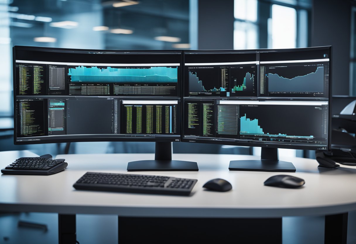 Una elegante y moderna estación de trabajo corporativa con múltiples monitores y un teclado, situada contra un fondo de oficina limpio y profesional.