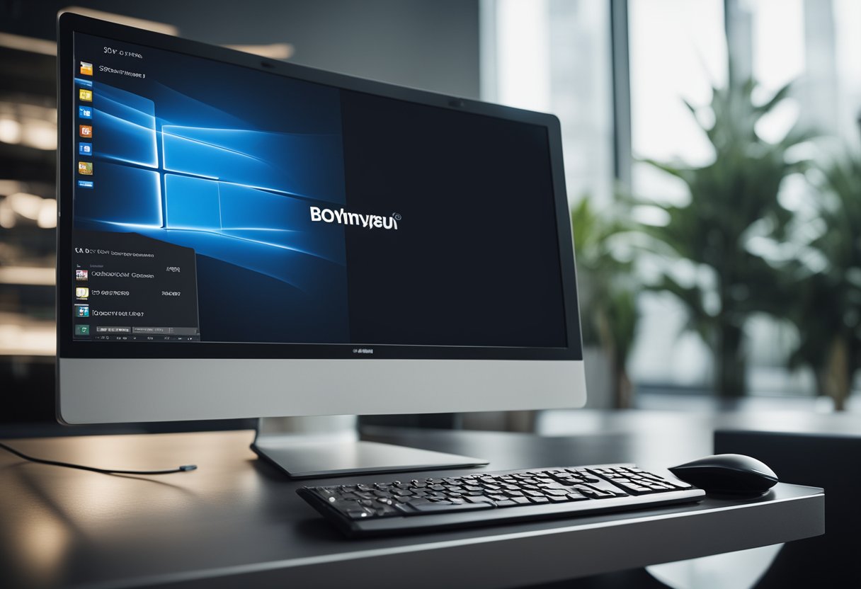 Una computadora de escritorio moderna y elegante con un logo corporativo mostrado en el monitor