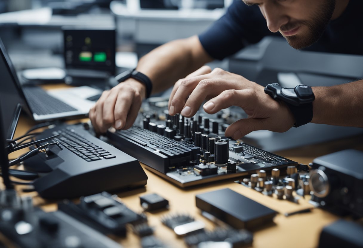 Un técnico realizando mantenimiento en una computadora corporativa, rodeado de herramientas y equipo.