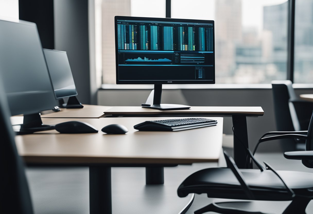 Una computadora corporativa elegante y moderna con líneas limpias y elementos de marca