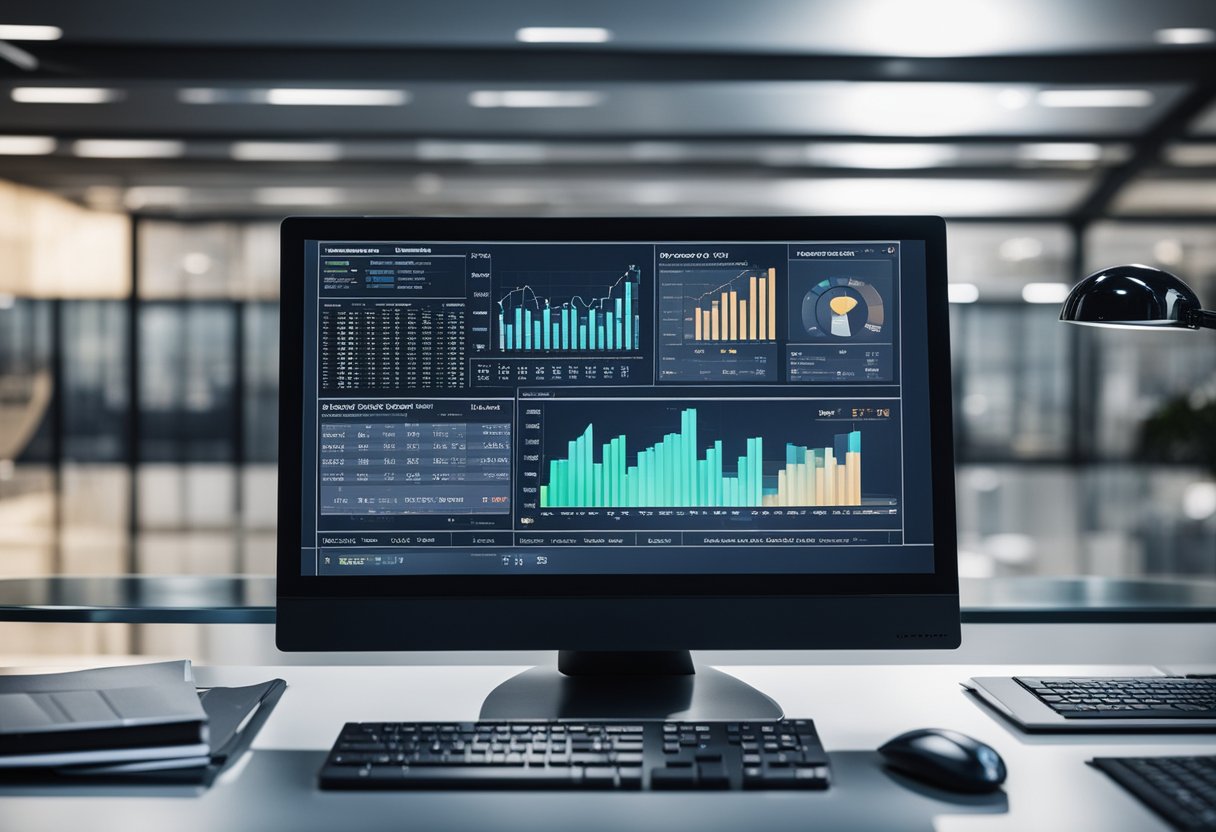 Una computadora corporativa elegante y moderna rodeada de gráficos y tablas financieras, con una hoja de cálculo de presupuesto mostrada en la pantalla