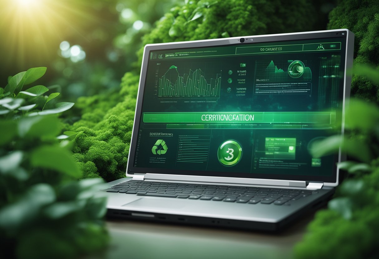 Una computadora corporativa con certificaciones y regulaciones ambientales mostradas en la pantalla, rodeada de vegetación y símbolos ecológicos.
