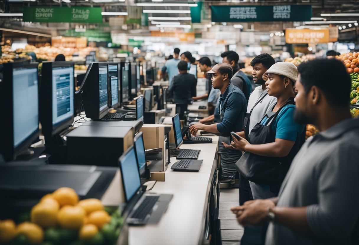 Un mercado local con personas comprando y vendiendo computadoras corporativas para distribución