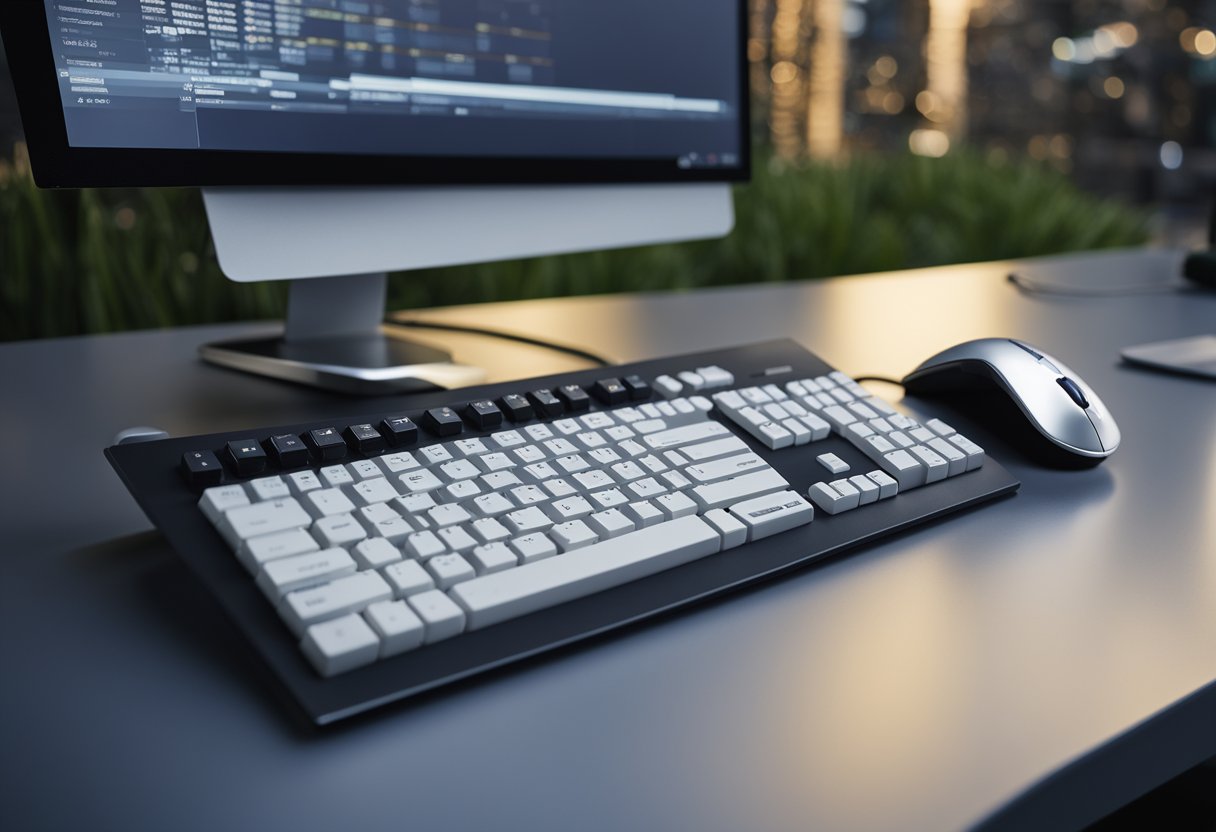 Una computadora de escritorio corporativa con teclado y ratón, rodeada de preguntas frecuentes relacionadas con el uso de PC corporativas