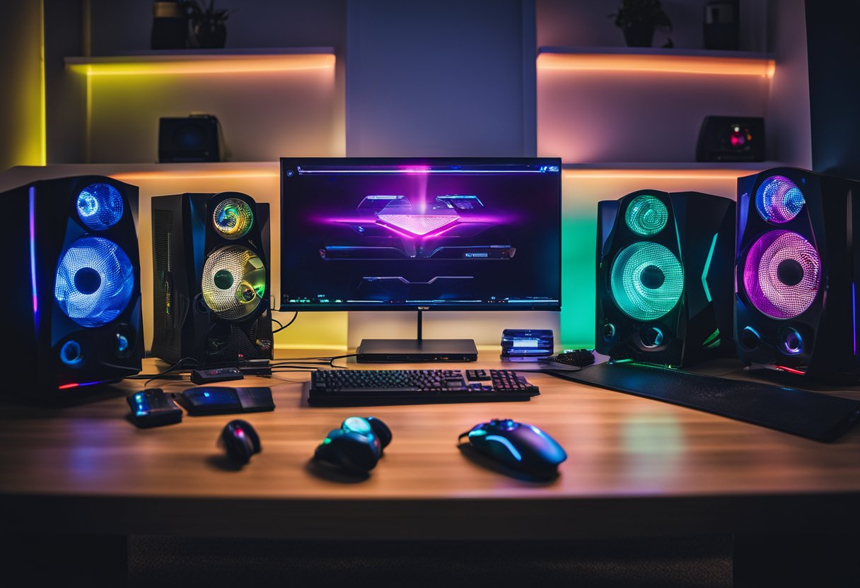 Una PC de juegos en un escritorio en un hogar colombiano, rodeada de coloridas luces LED y periféricos de juego.