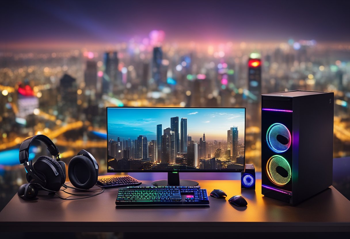 Un escritorio desordenado con una elegante PC de juegos, rodeado de accesorios de juegos y luces LED coloridas, con un fondo de una bandera colombiana y un horizonte de la ciudad.