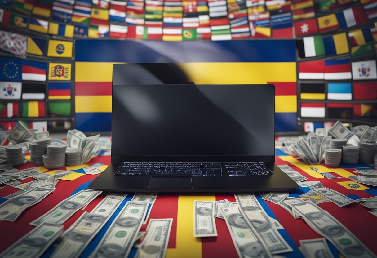 Una PC de juegos rodeada de los colores de la bandera colombiana y símbolos de moneda