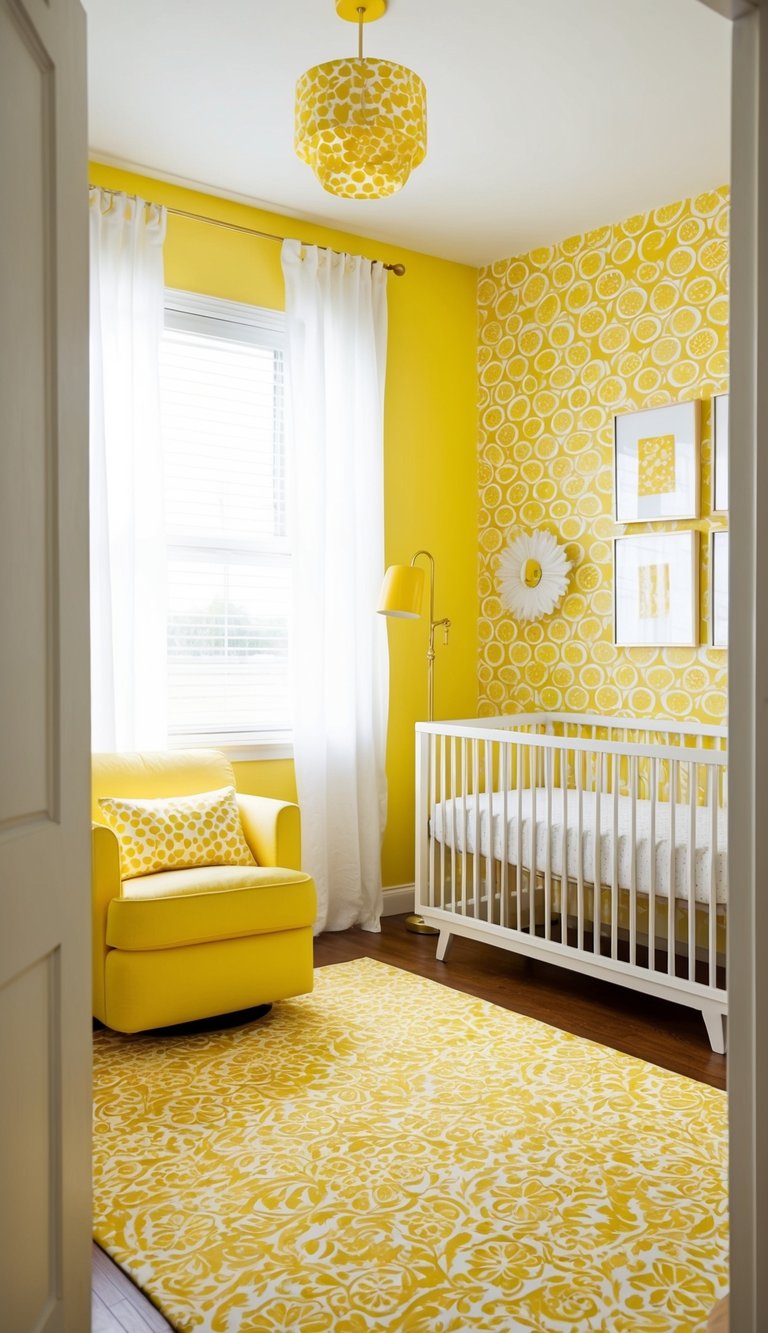 A bright yellow nursery with lemon-themed wallpaper and sunny walls