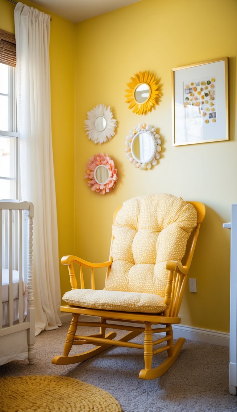 A citrine rocking chair sits in a sunny yellow nursery with cheerful wall decor