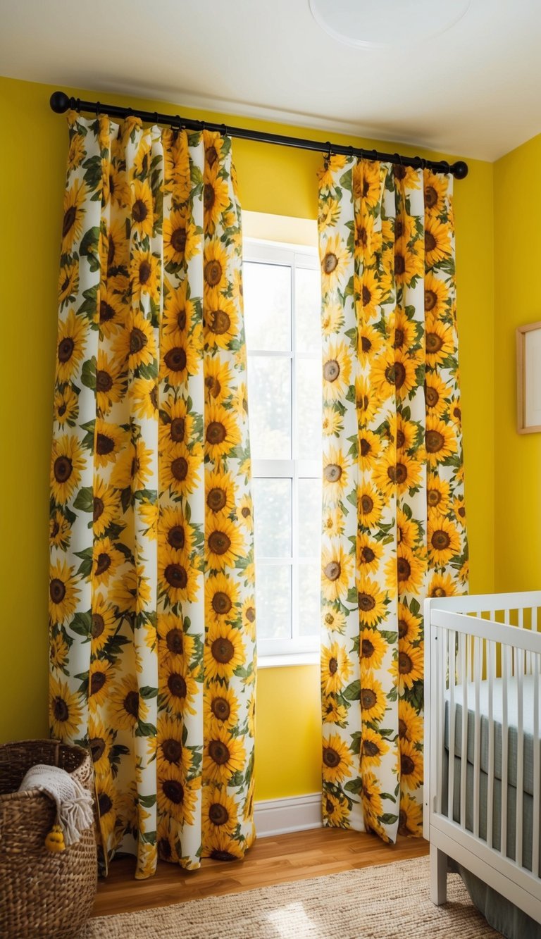 Sunflower-patterned curtains frame a sunny nursery with yellow walls