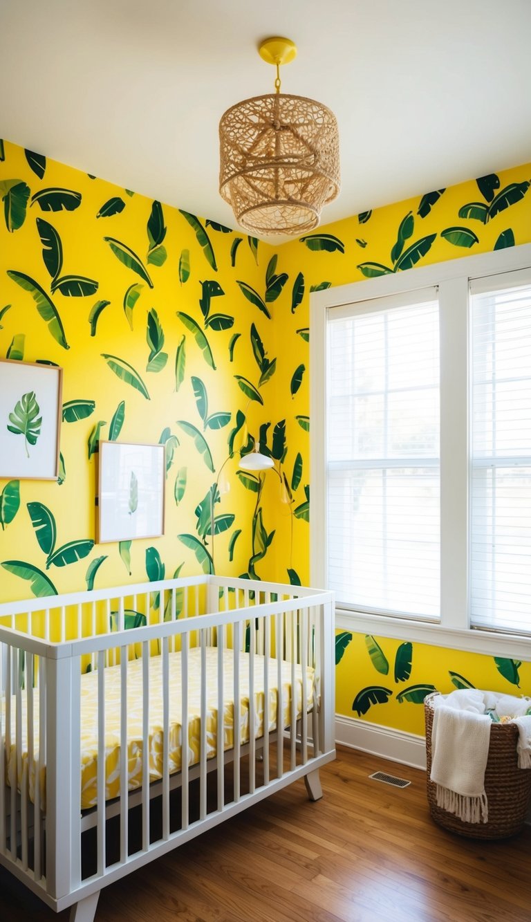 A bright yellow nursery with banana leaf print wallpaper and sunlit walls