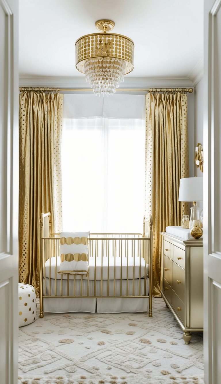 Luxurious nursery with gold polka dot curtains, metallic accents, and elegant decor