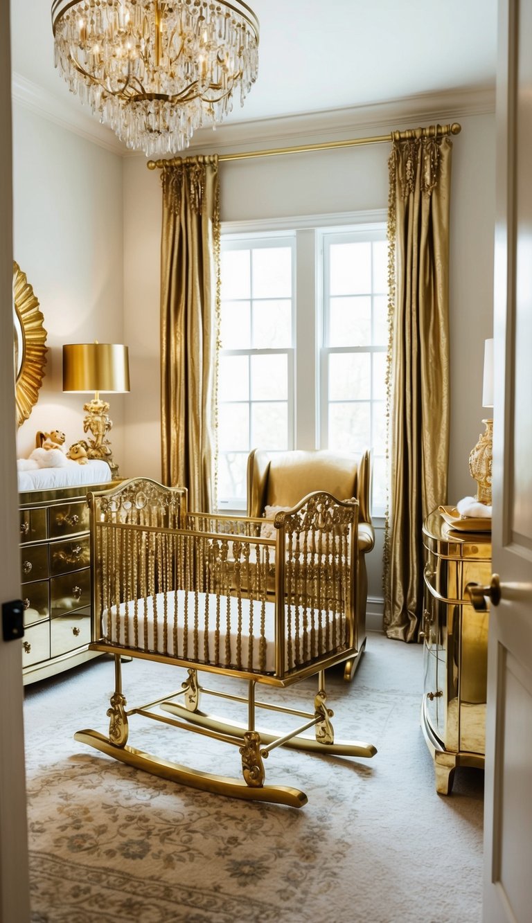 A lavish nursery with gold accents, including a gold cradle rocking gently in the center of the room. Rich metallic details adorn the furniture and decor