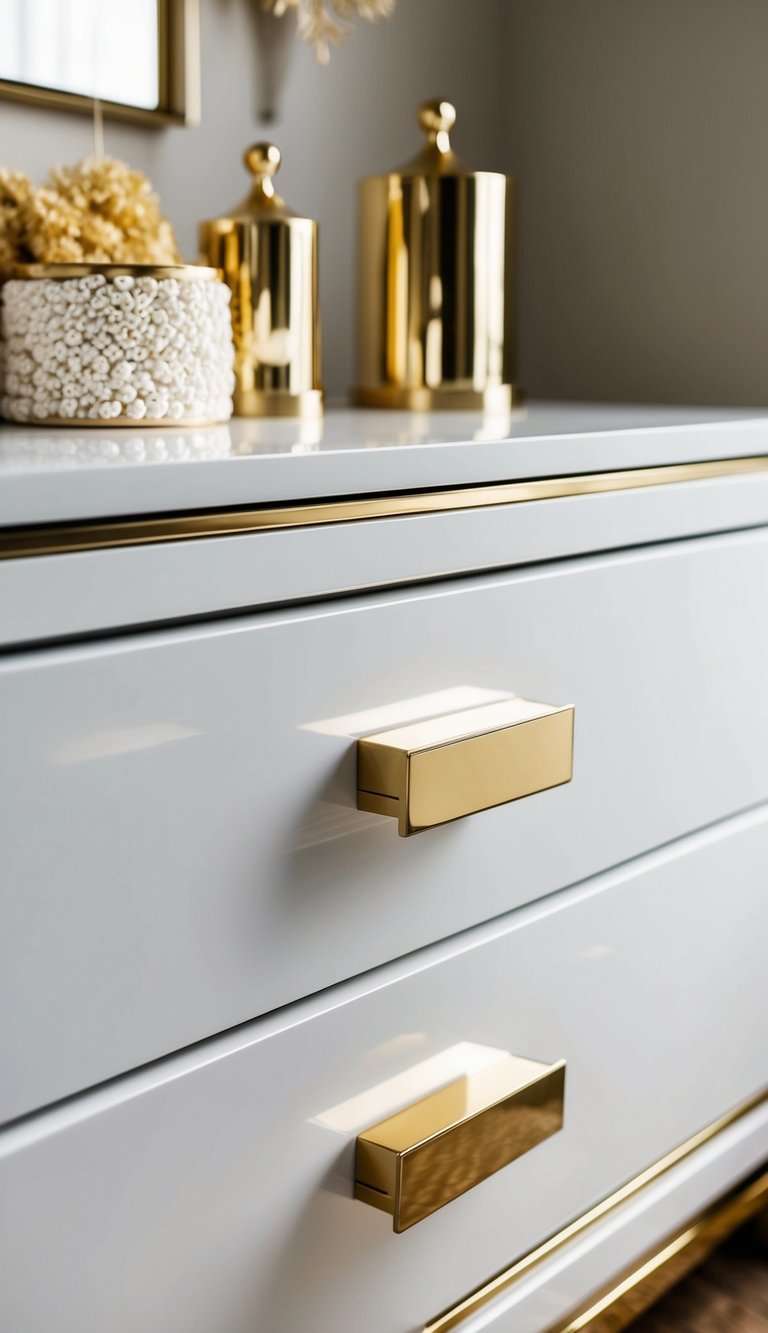 A golden drawer pull shines on a sleek white nursery dresser, surrounded by metallic gold accents and elegant baby furniture