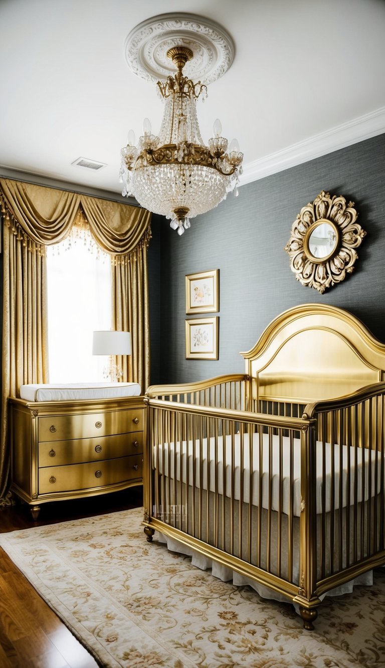 A lavish nursery with gold-accented dresser, metallic crib, and ornate chandelier. Rich textures and elegant details create a luxurious atmosphere