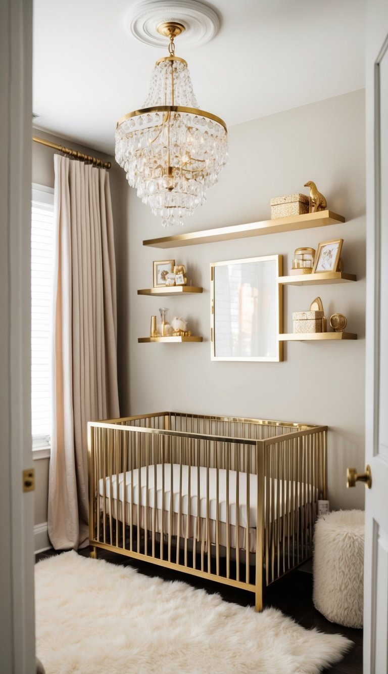 A cozy nursery with gold accents: a metallic crib, gold-trimmed shelves, and a glimmering chandelier. Soft, plush rugs and curtains add warmth to the elegant space