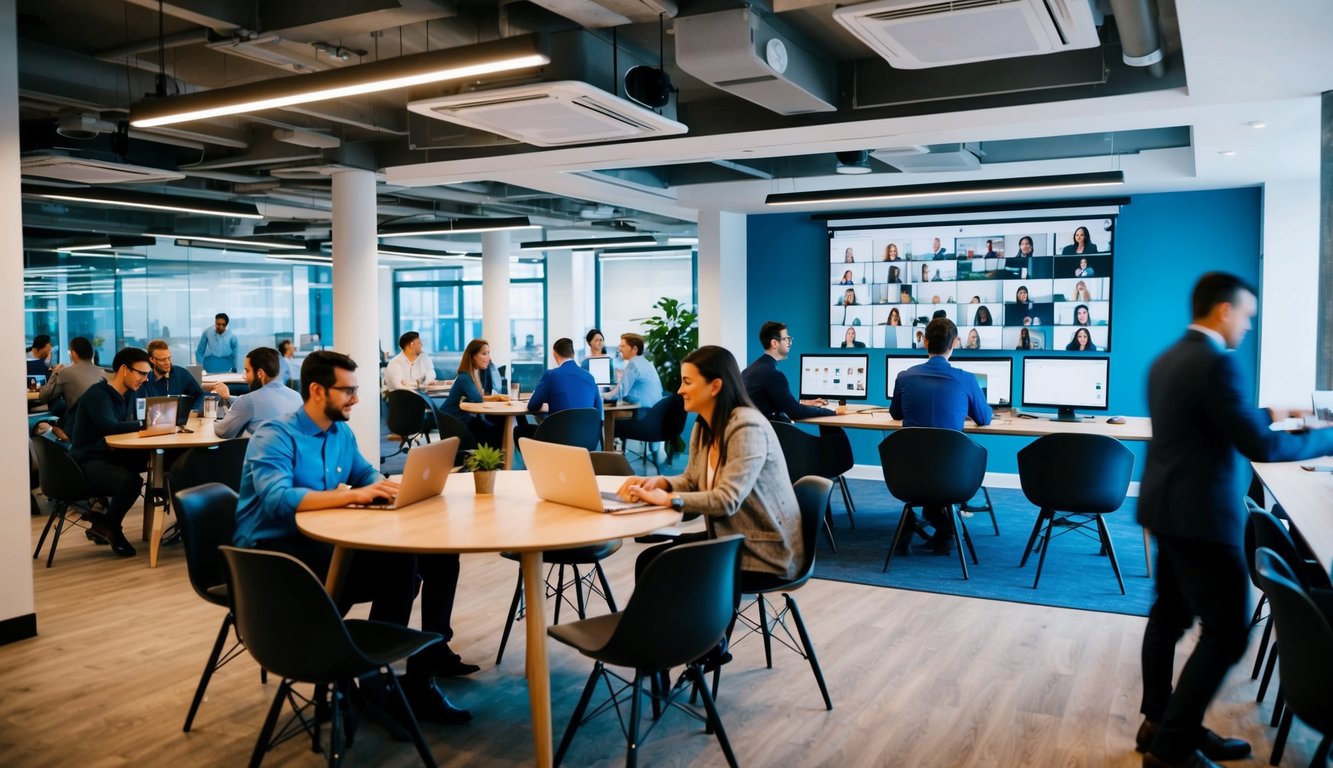 A bustling coworking space with people collaborating at communal tables, while a virtual office shows a digital workspace with employees working remotely from various locations