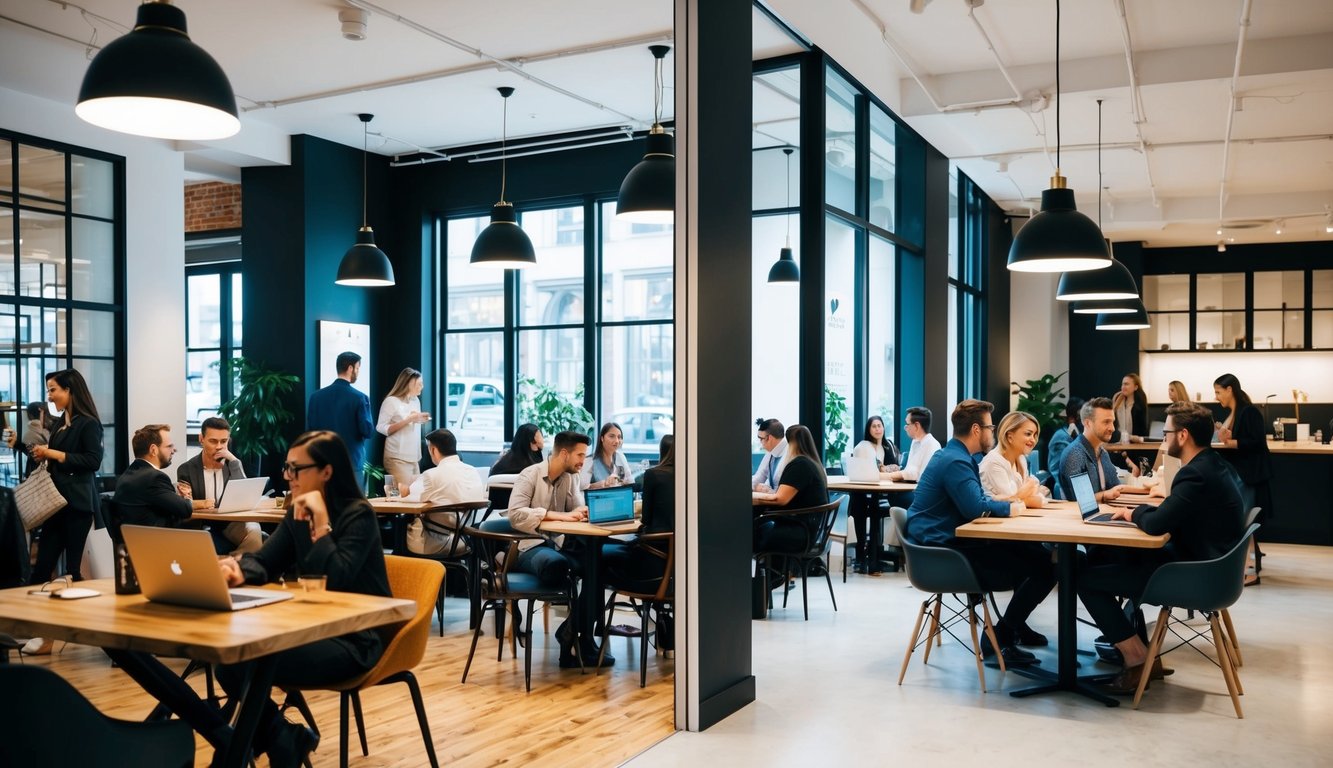 A bustling coffee shop with people chatting and working on laptops, contrasted with a modern, open coworking space with large windows and sleek furniture