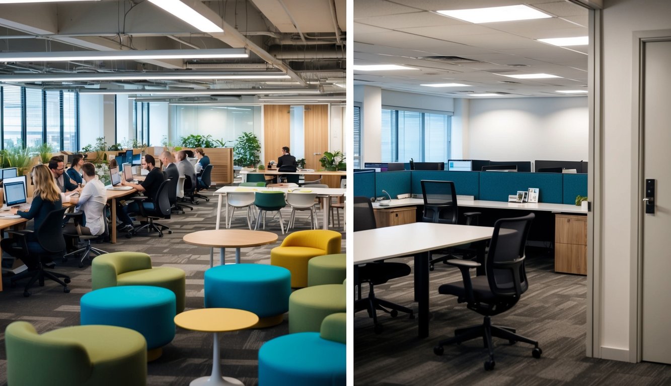 A bustling coworking space with diverse work areas and communal tables contrasted with a quiet, traditional office with cubicles and closed doors
