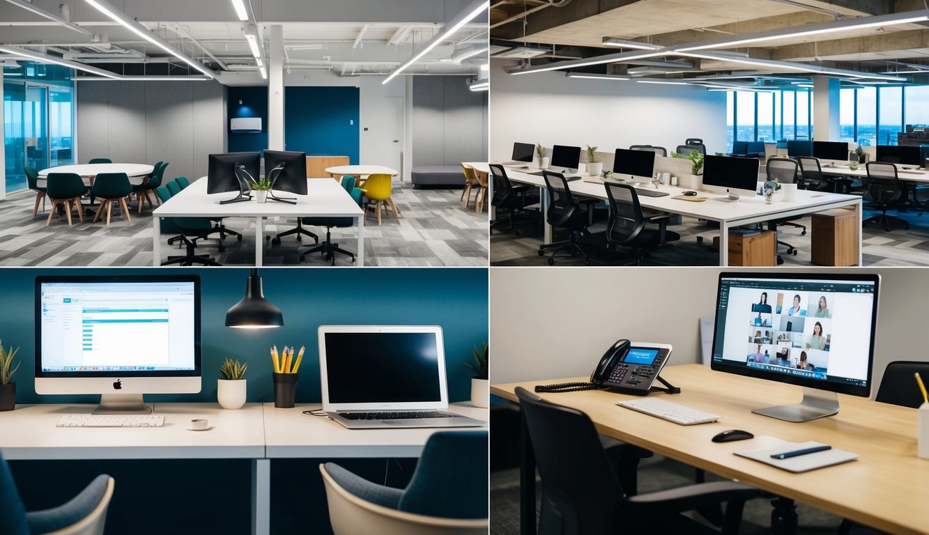 A modern coworking space with open desks, private offices, and communal areas contrasted with a virtual office setup with a computer, phone, and virtual meeting software