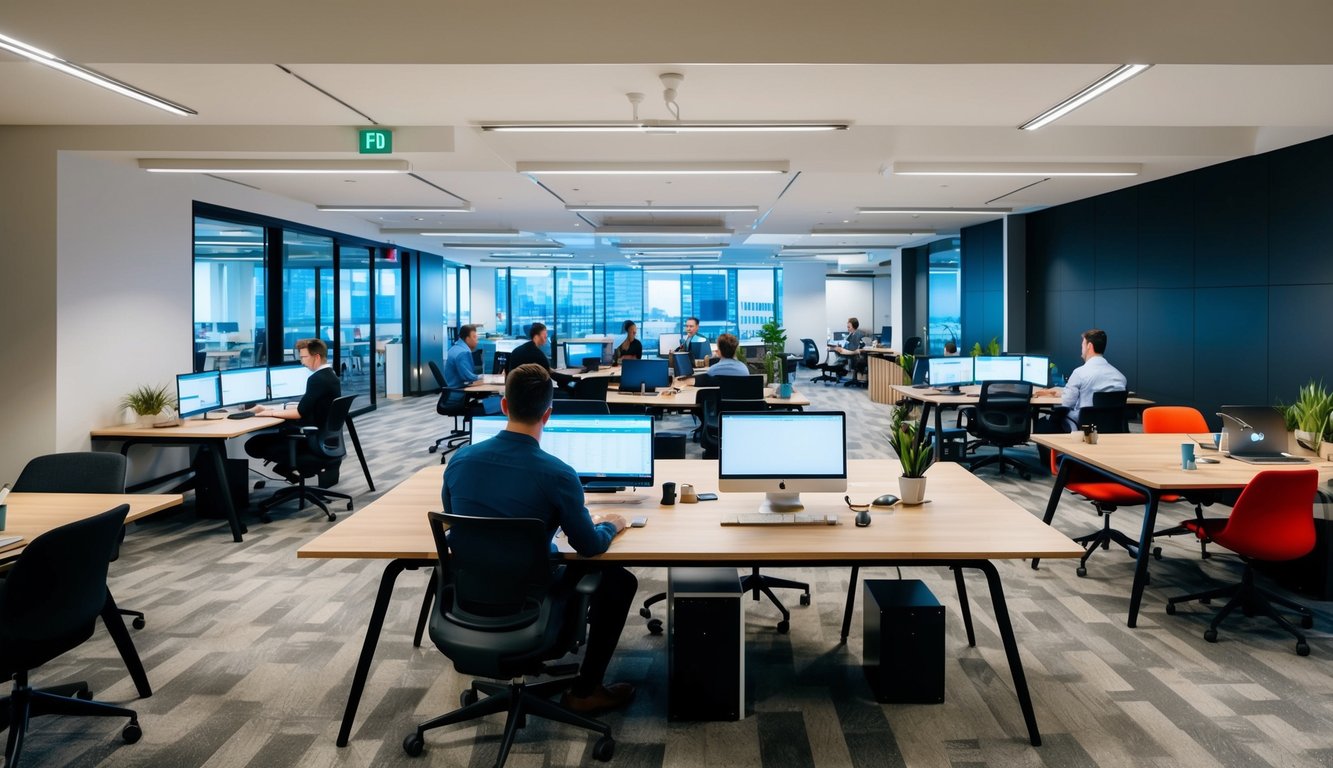 A bustling coworking space with open desks, meeting rooms, and communal areas. A virtual office with digital workstations, video conferencing, and remote collaboration tools
