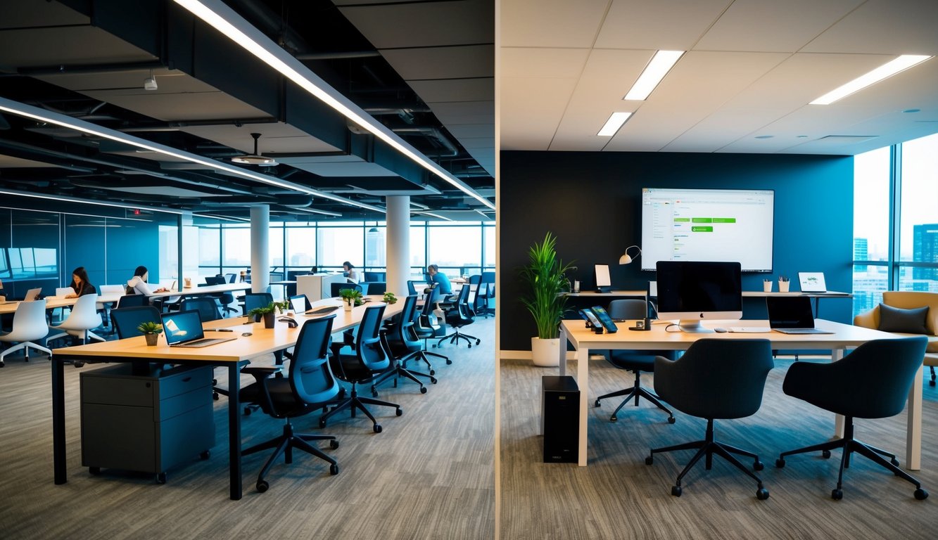 A modern, open-plan coworking space with various workstations and meeting areas, contrasted with a virtual office setup featuring a computer, phone, and digital devices