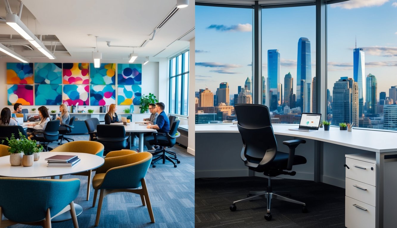 A private office with a sleek desk, ergonomic chair, and large windows overlooking a city skyline contrasts with a bustling coworking space filled with communal tables, vibrant artwork, and diverse professionals