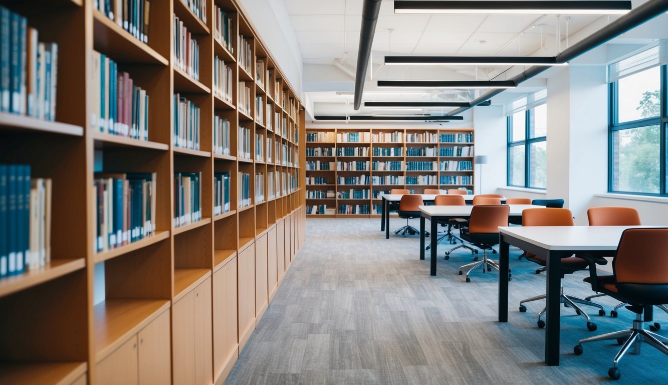 A serene library with rows of books and study tables, contrasting with a modern coworking space filled with open desks and collaborative areas