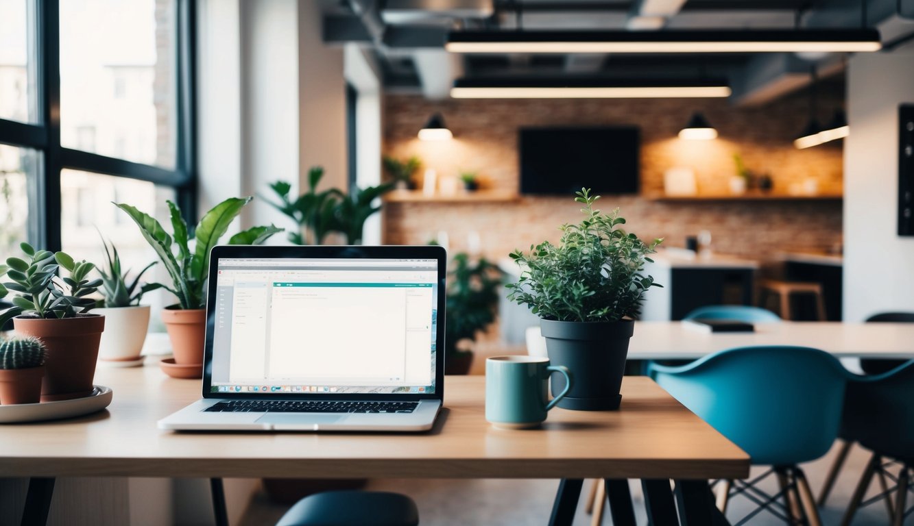 A cozy home office with a laptop, coffee mug, and plants contrasts a modern coworking space with communal tables and natural light