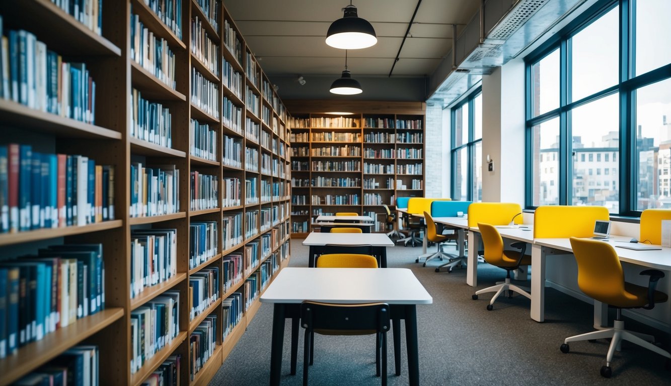 A cozy library with rows of books and study tables, contrasting with a modern coworking space with open desks and collaborative areas