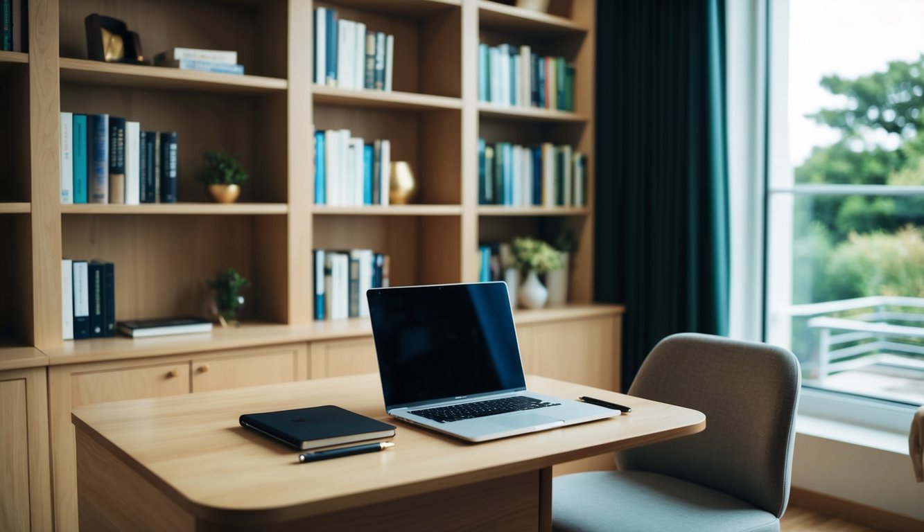 A cozy, well-lit workspace with bookshelves, a desk, and a comfortable chair. A laptop, notebook, and pen are neatly arranged on the desk. A large window provides natural light and a view of greenery outside