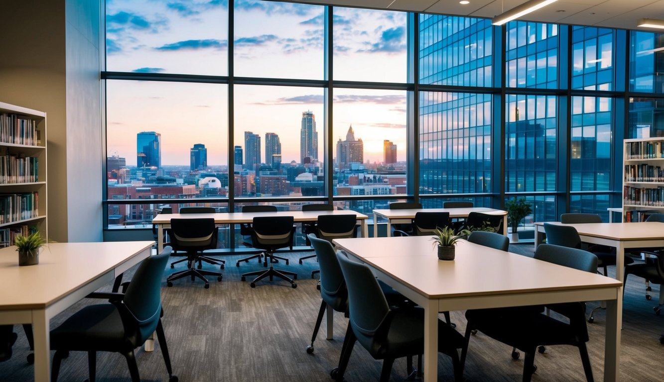 A modern library with rows of books, study tables, and large windows overlooking a bustling city. A coworking space with open desks, comfortable seating, and a vibrant atmosphere