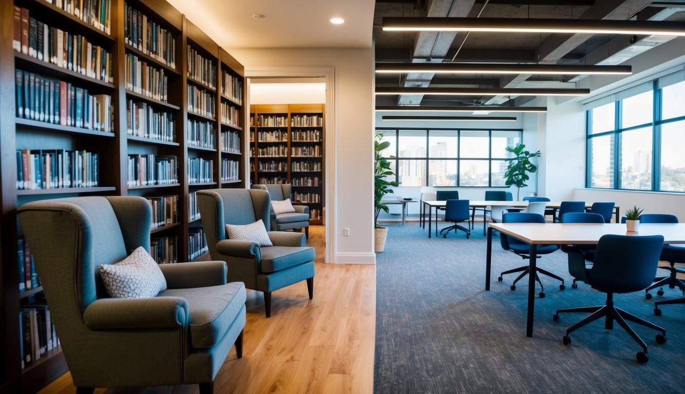 A cozy library with plush chairs and bookshelves, contrasted with a modern coworking space with communal desks and bright, open windows