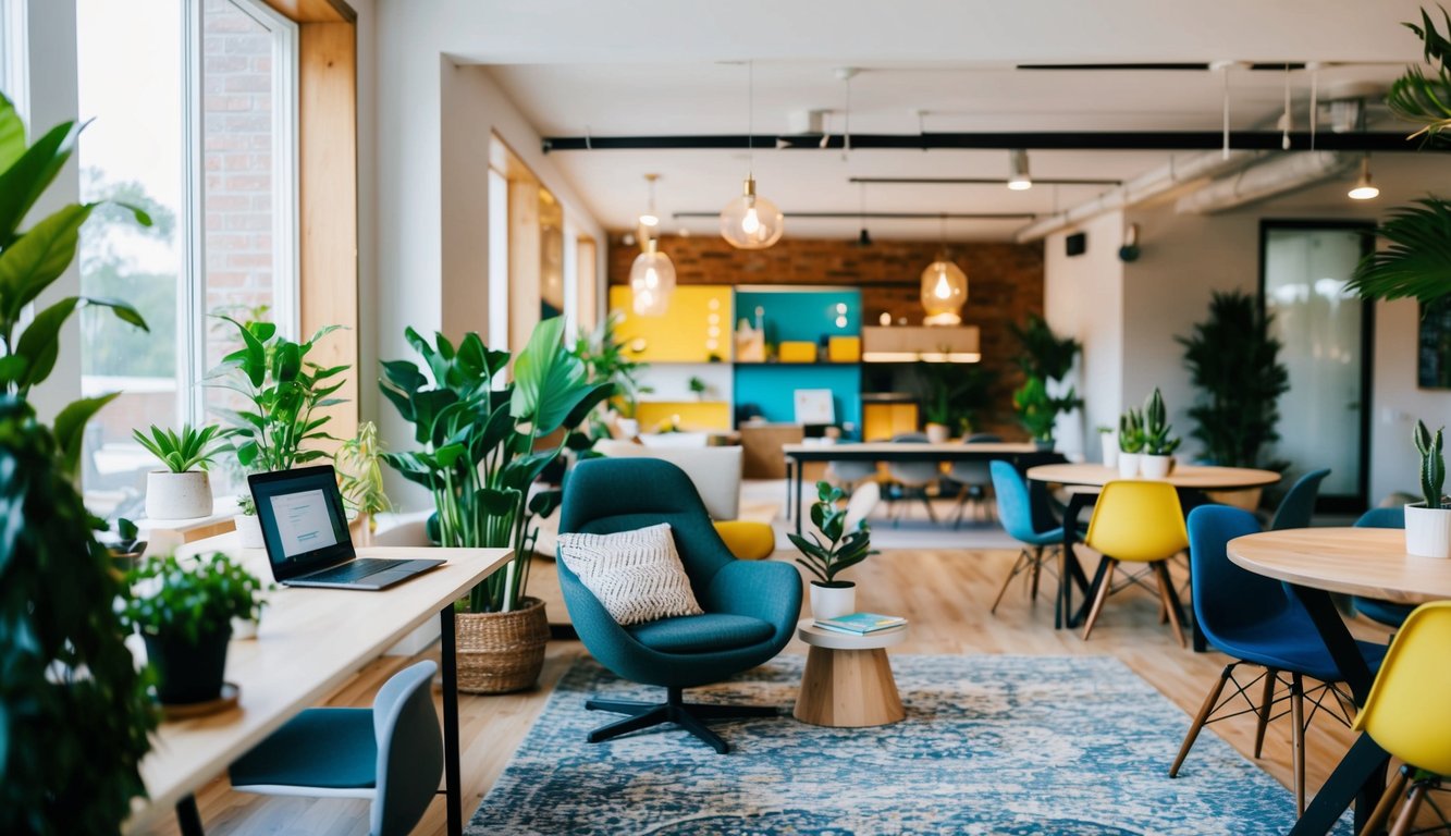 A cozy home office with a laptop, plants, and comfortable seating. A bright, open coworking space with communal tables and vibrant decor