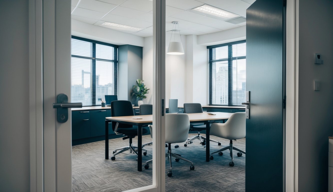 A private office with locked door and window blinds vs. a coworking space with open layout and shared desks