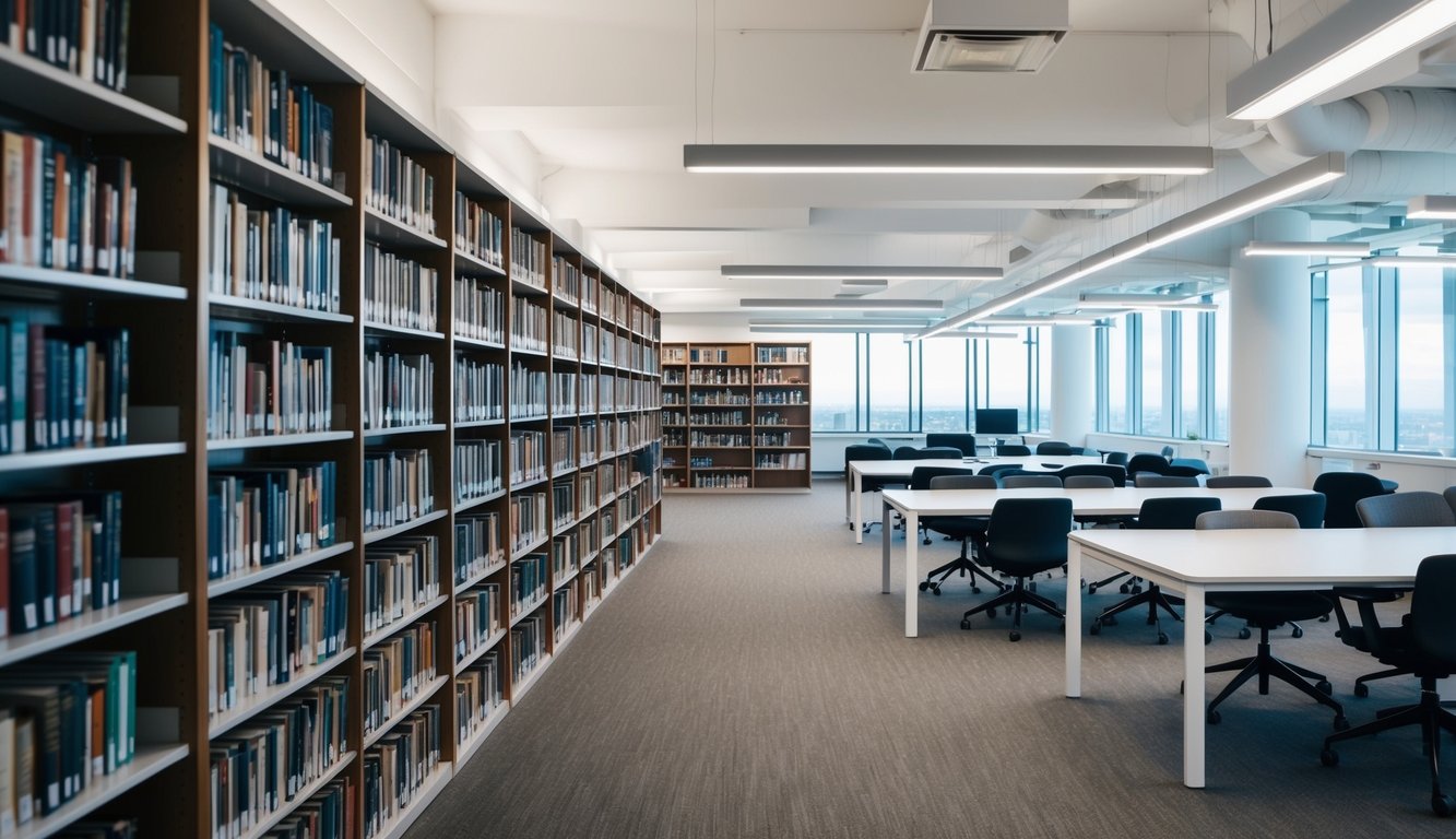 A library with rows of bookshelves and reading areas, contrasted with a modern coworking space with open desks and collaborative meeting areas