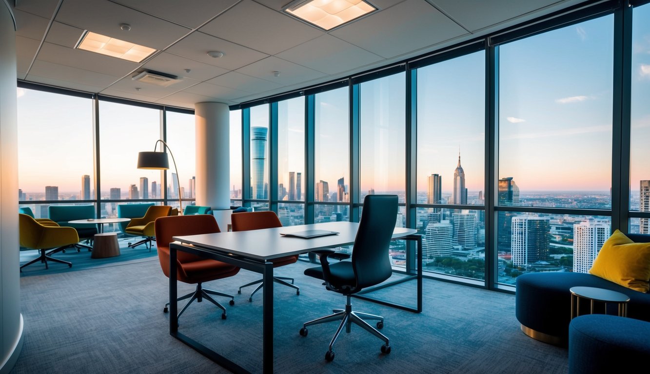 A private office with a sleek desk, comfortable chair, and large windows overlooking a city skyline. A coworking space with modern workstations, vibrant decor, and a communal lounge area