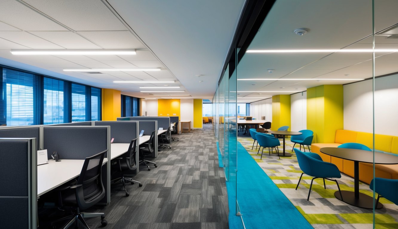 A modern, sleek serviced office with private cubicles contrasted with a vibrant, open coworking space with communal tables and casual seating areas