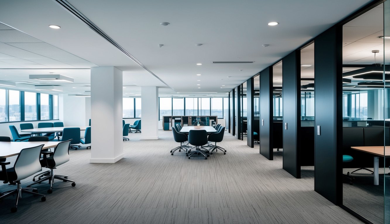 A modern, sleek office space with private cubicles and meeting rooms contrasts with an open, collaborative area with shared workstations and casual seating