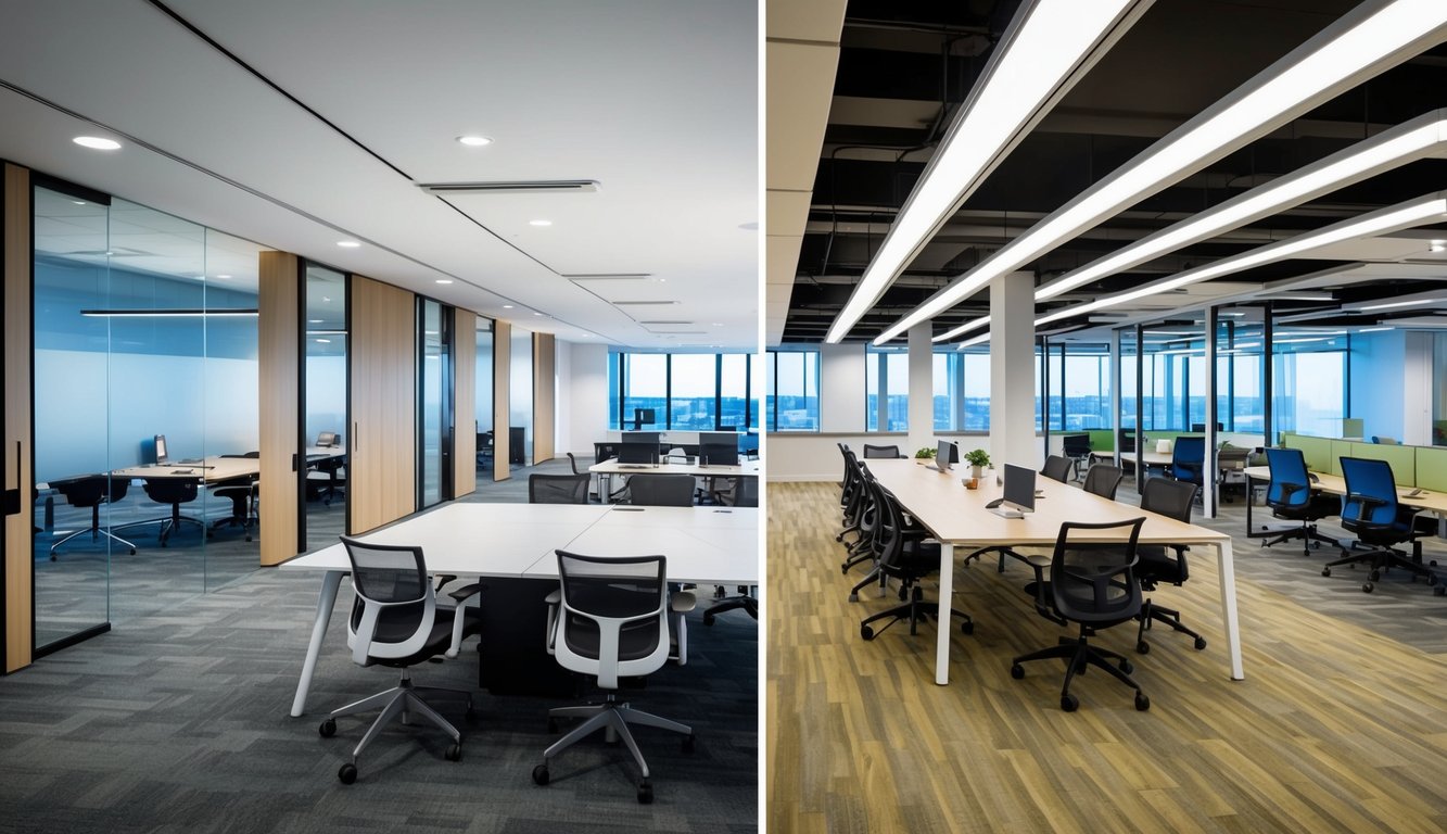 A modern, open-concept flex space with movable partitions and a variety of workstations, contrasted with a traditional coworking space with fixed desks and private meeting rooms