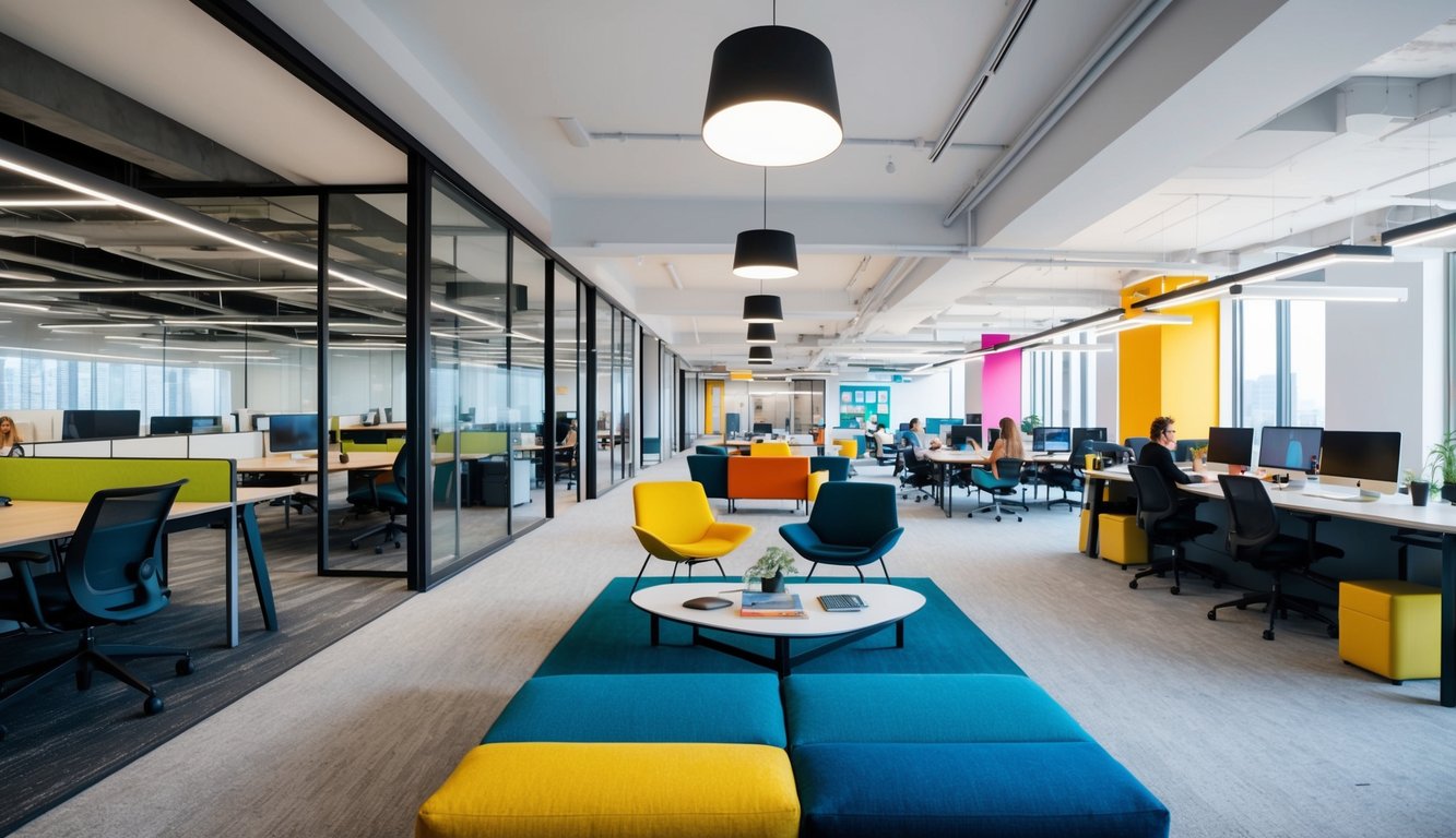 A modern, open-plan office space with sleek furniture and designated work areas contrasts with a vibrant, communal coworking space with shared desks and a collaborative atmosphere