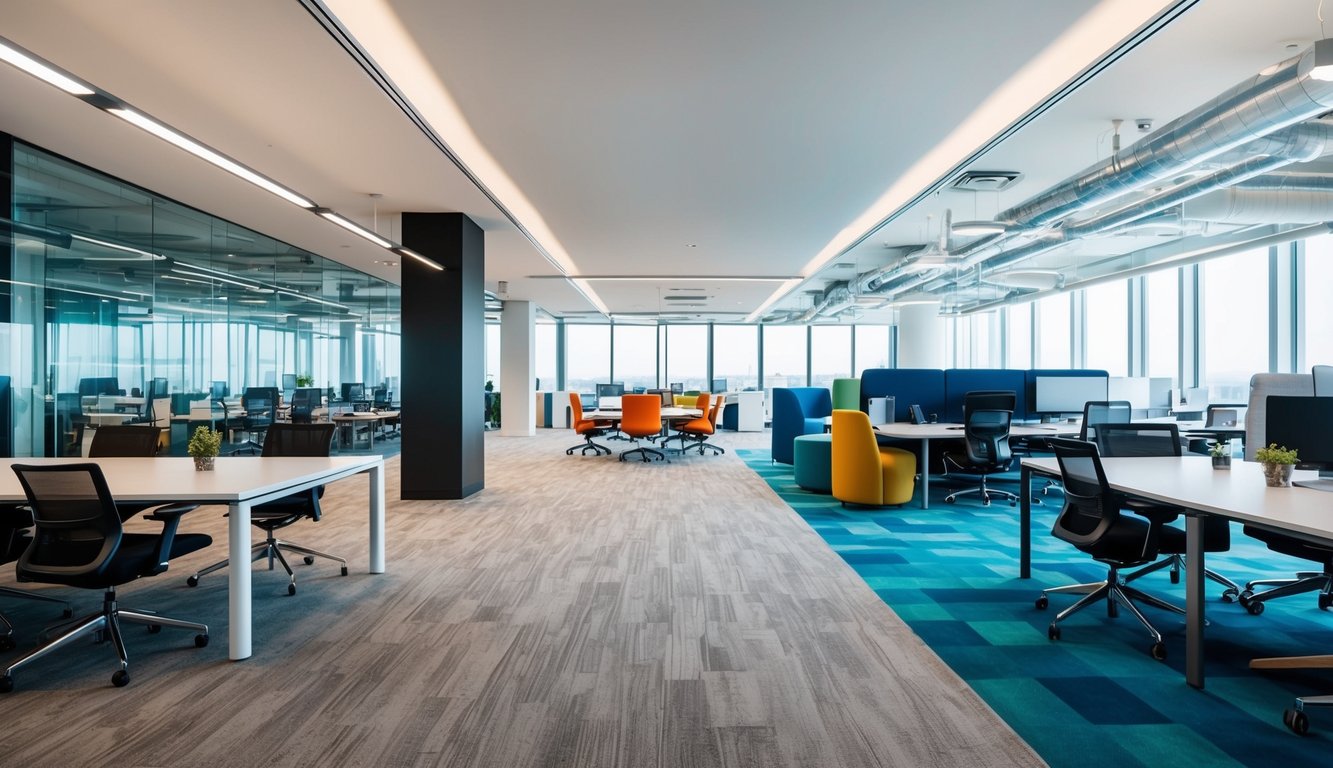 A spacious, modern office with sleek furniture and large windows, contrasted with a vibrant, open coworking space filled with diverse workstations and collaborative areas