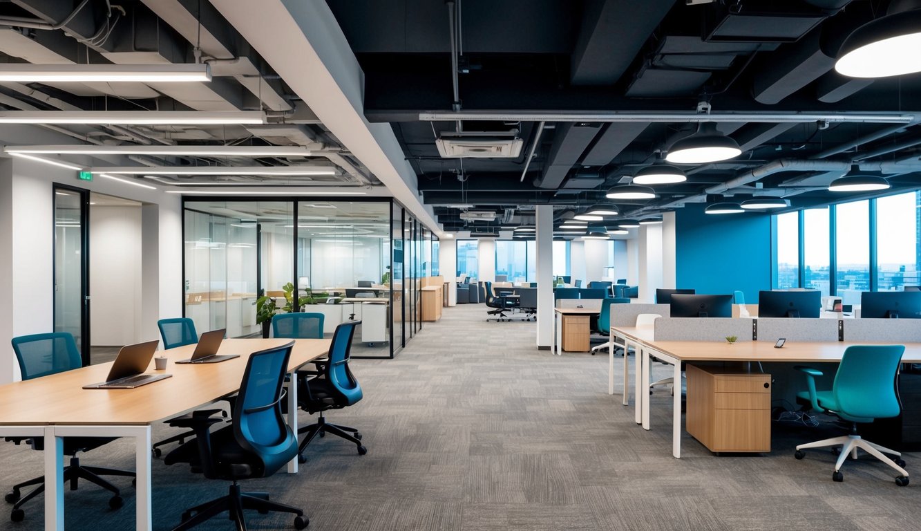 A modern, open office layout with flexible workstations and communal areas, contrasted with a shared workspace with dedicated desks and private offices