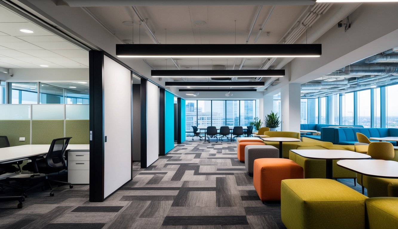 A modern, sleek serviced office with private cubicles and a conference room contrasts with a vibrant, open coworking space with communal tables and cozy lounge areas