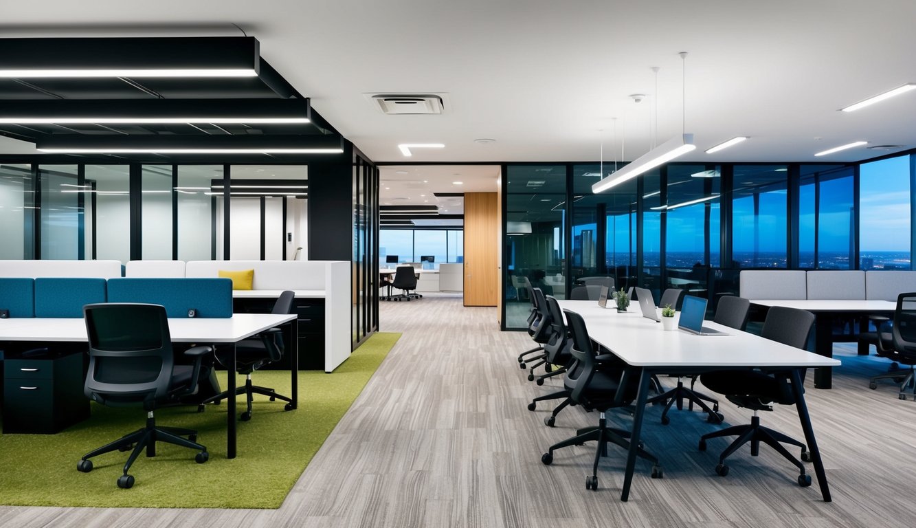 A modern office with flexible furniture arrangements and private workspaces, contrasting with an open, collaborative coworking area