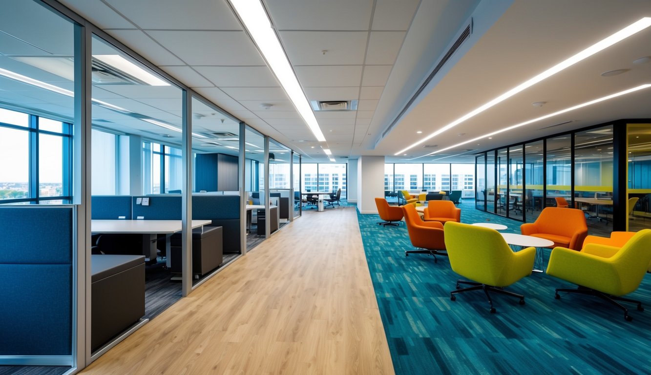 A modern, sleek serviced office with private cubicles and meeting rooms contrasts a vibrant, open coworking space with communal work areas and shared amenities