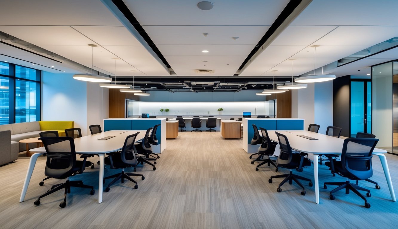 A modern, open-concept office space with flexible workstations, private meeting areas, and communal amenities