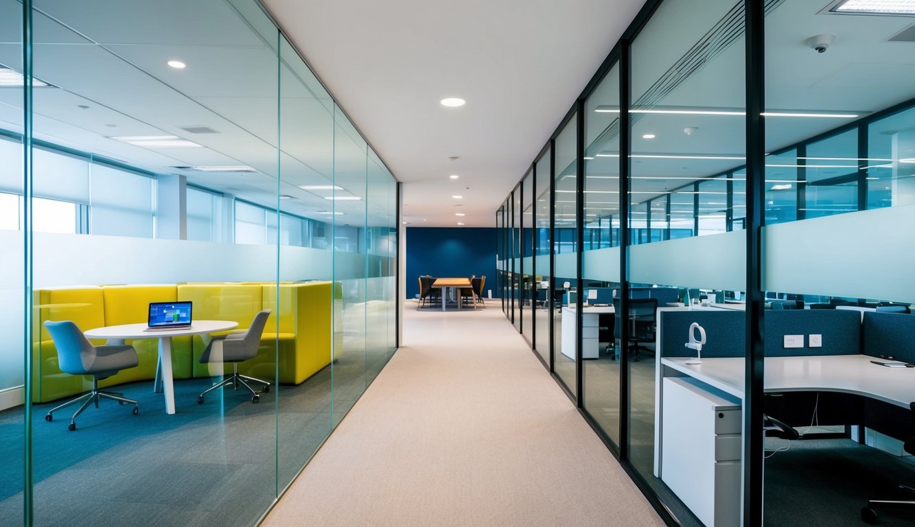 A modern office with glass walls, private cubicles, and a communal workspace. Privacy and confidentiality are emphasized in the serviced offices, while coworking spaces promote collaboration and openness