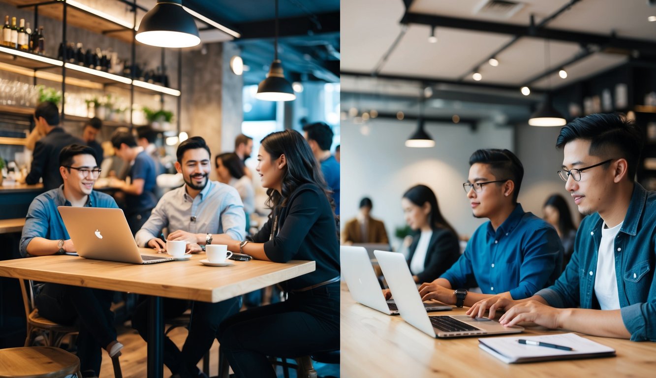 A bustling cafe with people chatting and working on laptops, contrasted with a quiet coworking space with individuals focused on their tasks